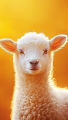 Fototapeta premium Charming Close-up of a Fluffy White Lamb against a Warm Golden Background, Perfect for Nature and Animal Themed Projects in Stock Photography