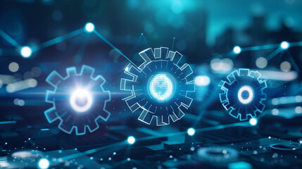 Obraz premium Large interconnected network of gears symbolizing corporate competition, with one oversized gear dominating the scene, representing antitrust concerns. Central gear with copy space for text.