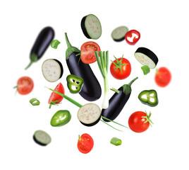 Many different fresh vegetables in air on white background