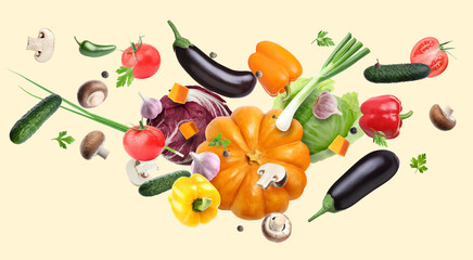 Many different fresh vegetables in air on beige background