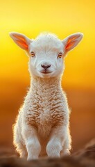 Obraz premium Cute Lamb with Fluffy Wool in a Golden Sunset Glow, Captivating Young Animal Portraits with Bright Eyes and Soft Features, Nature's Tender Beauty