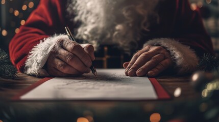 Santa Claus Hands Writing Letter with Pen