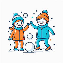 Fototapeta premium Cartoon kids playing in snow, winter fun illustration