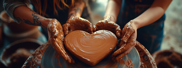 Two Potters Shaping Heart Clay Together Symbolizing Unity and Craft