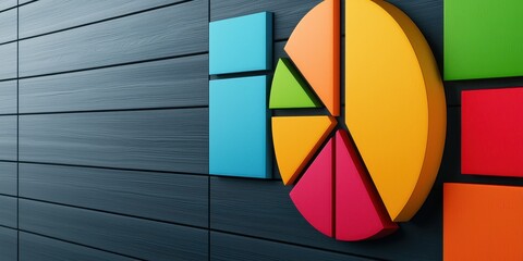 Fototapeta premium A vibrant pie chart and colorful blocks against a dark wooden background, symbolizing data analysis and visualization.