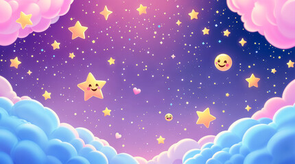 Cartoon Illustration of Smiling Stars and Emojis Above the Clouds for Kids