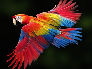 Fototapeta premium Vibrant Scarlet Macaw in Mid-Flight Showcasing Stunning Multicolor Feathers Against a Dark Background for Nature and Wildlife Photography Projects