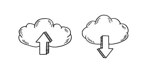 Hand-drawn cloud icons representing upload and download actions.