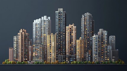 Fototapeta premium A stylized cityscape at night with illuminated windows in tall buildings.