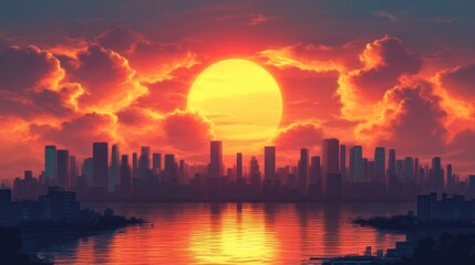 Fototapeta premium Majestic Sunset Over Urban Skyline with Vibrant Clouds and Reflective Water Creating a Stunning Evening Scene in a Modern City Environment