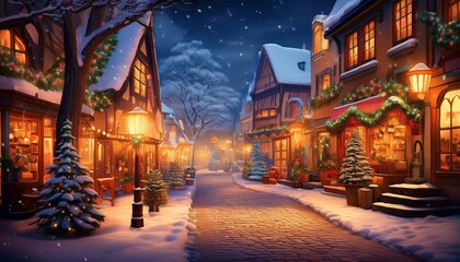 Naklejka premium 따뜻한 조명이 비치는 겨울 도시의 거리