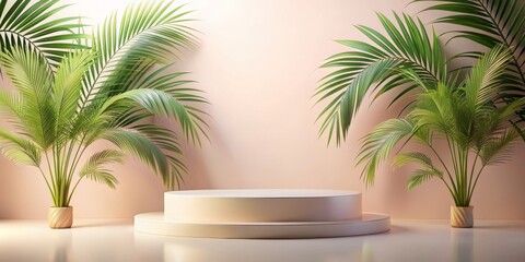 Fototapeta premium Elegant Podium Display Against Soft Pastel Background with Lush Palm Branches - Perfect for Event Promotion, Product Launch, or Inspirational Themes