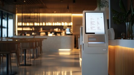 Self-Service Kiosk in Modern Restaurant with Wooden Accents
