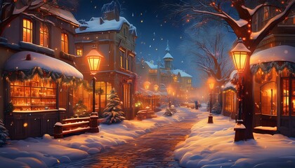 따뜻한 조명이 비치는 겨울 도시의 거리