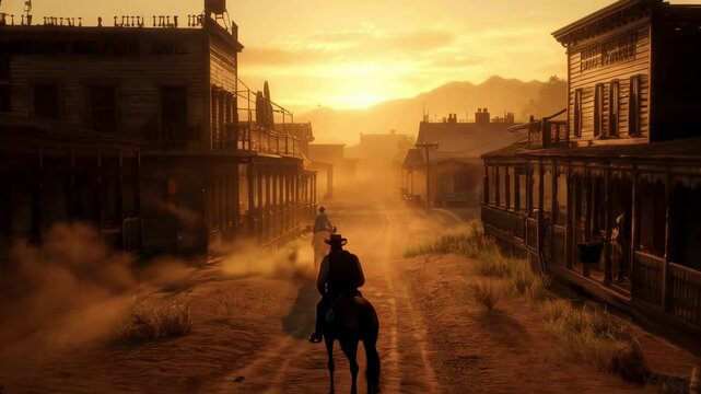 Wild West Town at Sunset with Cowboy Silhouette