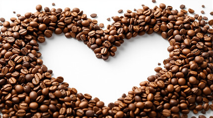 Heart-shaped arrangement of coffee beans symbolizes passion for coffee on a bright, clean surface