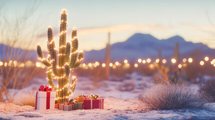 Festive cactus with lights and gift boxes in snowy desert holiday scene