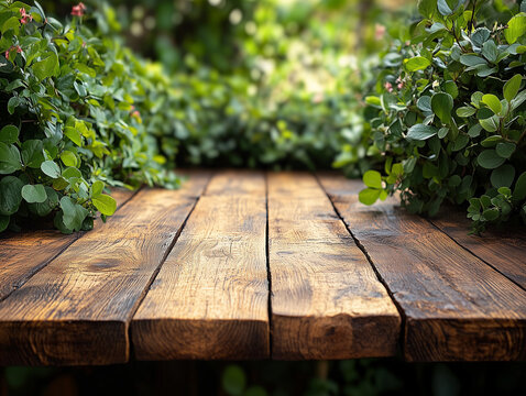 Drewniana deska tarasowa wśr&oacute;d zieleni