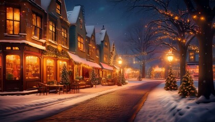 Fototapeta premium 따뜻한 조명이 비치는 겨울 도시의 거리