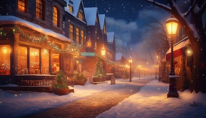 따뜻한 조명이 비치는 겨울 도시의 거리