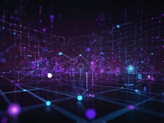 Obraz premium Abstract digital network visualization with glowing purple and blue nodes connected by lines against a dark futuristic background