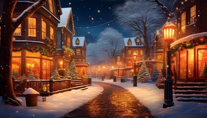 따뜻한 조명이 비치는 겨울 도시의 거리