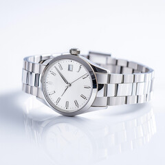 A sleek stainless steel watch with a simple white dial showcases elegance against a reflective surface