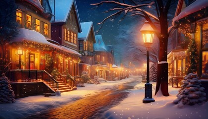 따뜻한 조명이 비치는 겨울 도시의 거리