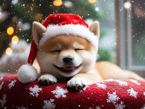 Cute Shiba Inu Puppy in Santa Hat Resting on Blanket Surrounded by Holiday Decorations and Snowflakes Perfect for Festive and Cheerful Seasonal Photography