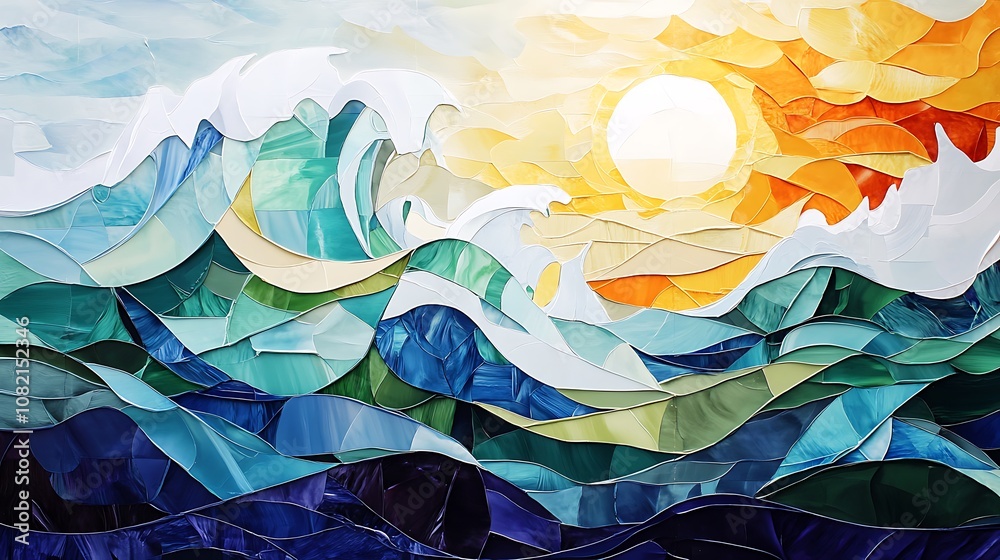 Wall mural Abstract seascape with sun and waves created with paper cut-outs.