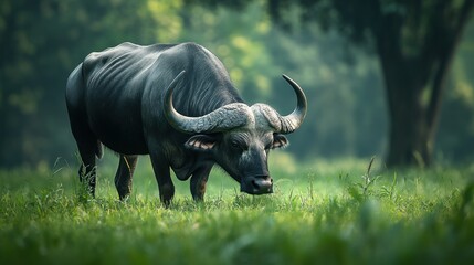 Obraz premium Majestic African Buffalo Standing Gracefully in Lush Green Landscape Surrounded by Soft Natural Light and Inviting Forest Background