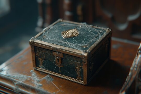An antique treasure chest covered in cobwebs sitting atop a wooden table in a dimly lit, dusty room, suggesting a long-forgotten history - Powered by Adobe