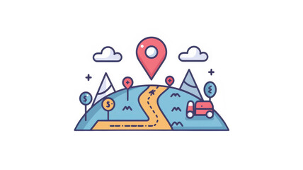 Fototapeta premium Illustrative Image of a Line Route with Map Pointer Location for Trip Planning and Navigation Purposes in Various Scenarios