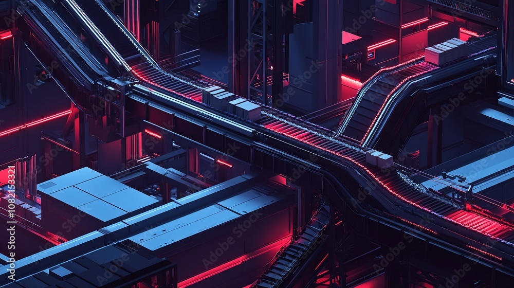 Aufkleber futuristic abstract architecture with glowing red neon lights.