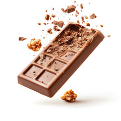 A chocolate bar bursts with pieces while caramel popcorn surrounds it, creating an appetizing visual delight