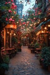 Fototapeta premium Flowerlined alley at dusk, cozy lights, leading lines, street view