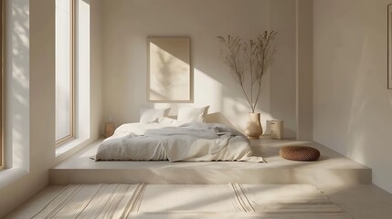 A minimalist bedroom with a low platform bed, neutral tones, and clean lines.