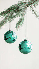 Aesthetic green christmas toy ball hanging on fir branches, light background. Festive template. Generative AI