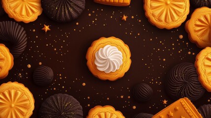 A vibrant display of various cookies, including circular treats with cream, placed beautifully against a dark backdrop sprinkled with stars