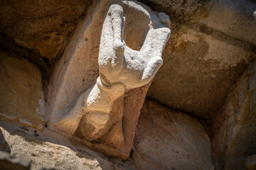 woman showing her sex, Romanesque carving, Church of San Cipriano de Bolmir, Romanesque temple from the 12th century, Bolmir village, Campoo de Enmedio, Cantabria, Spain © Tolo