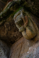 woman showing her sex, Romanesque carving, Church of San Cipriano de Bolmir, Romanesque temple from the 12th century, Bolmir village, Campoo de Enmedio, Cantabria, Spain