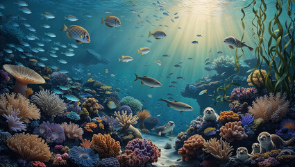 Fototapeta premium Vibrant underwater scene with coral reef, diverse fish, and sun rays filtering through water