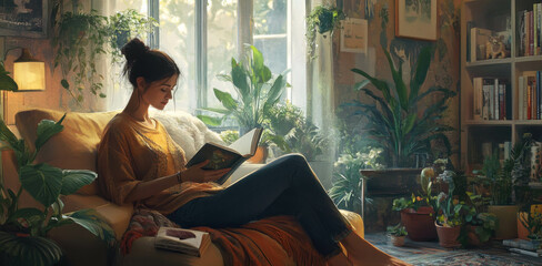 Woman reading a book in a cozy living room, soft natural light, warm colors, peaceful and relaxing moment, surrounded by plants, quiet retreat from the world