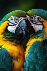 Fototapeta premium Two Vibrant Parrots Displaying Affection with Close-Up Detail of Feathers and Faces in a Lush Green Background, Capturing the Beauty of Nature's Colorful Creatures