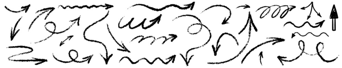 Hand drawn arrow scribble crayon. Squiggle, scratch doodle kid arrow isolated. Crayon scratch texture shape children kid naive. Vector illustration