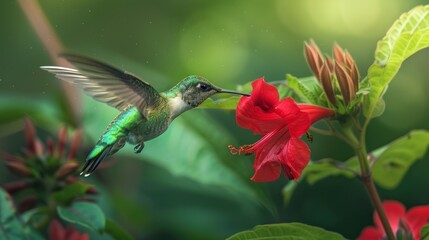 Fototapeta premium Vibrant Hummingbird Hovering Near Bright Red Flower in Lush Green Environment Showcasing Nature's Beauty and Intricate Pollination Process