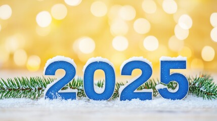 Blue numbers 2025 with snow and pine branches on a golden bokeh background