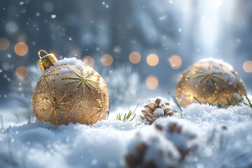 雪の中に置かれた 2 つのクリスマス デコレーションとその背後にあるライト