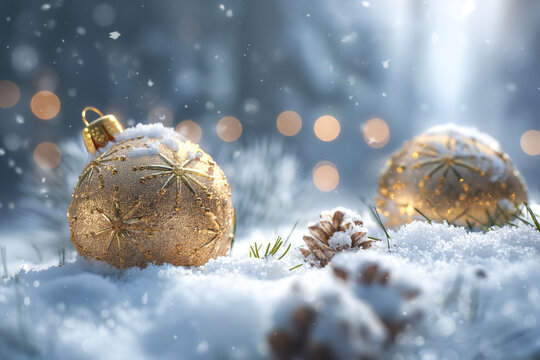 雪の中に置かれた 2 つのクリスマス デコレーションとその背後にあるライト