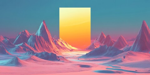 Vibrant Minimalist Landscape with Colorful Peaks and Abstract Sun Setting Over Mountain Range, Evoking Serenity and Modern Aesthetic
